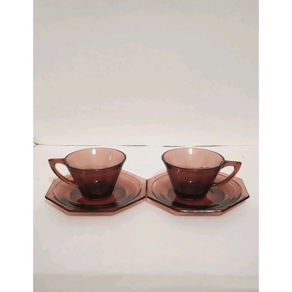 Hazel Atlas Moroccans Amethyst Cups & Saucers Purple Flared Octagon Vtg 4 Pc Lot